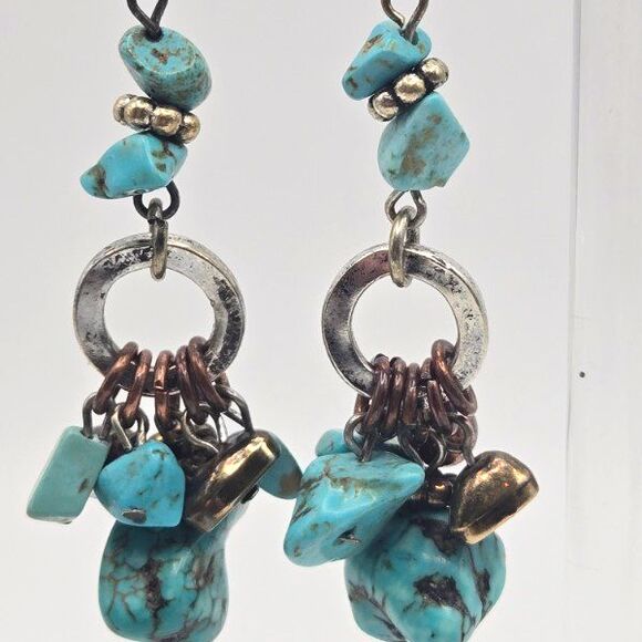 Chunky Boho-style Dangle‎ Earrings Turquoise-colored Stones Rustic Mixed Metal - Picture 2 of 5